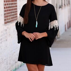 Boho Black Flowy Swing Dress with Cream Lace Crochet Inserts and Flutter Sleeves